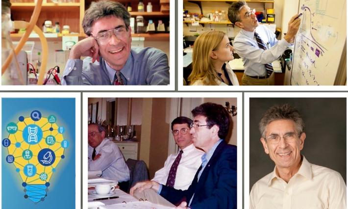 a collage of photos of a scientist in his lab,a headshot, and at a meeting
