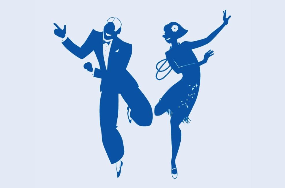 two blue figures dancing 