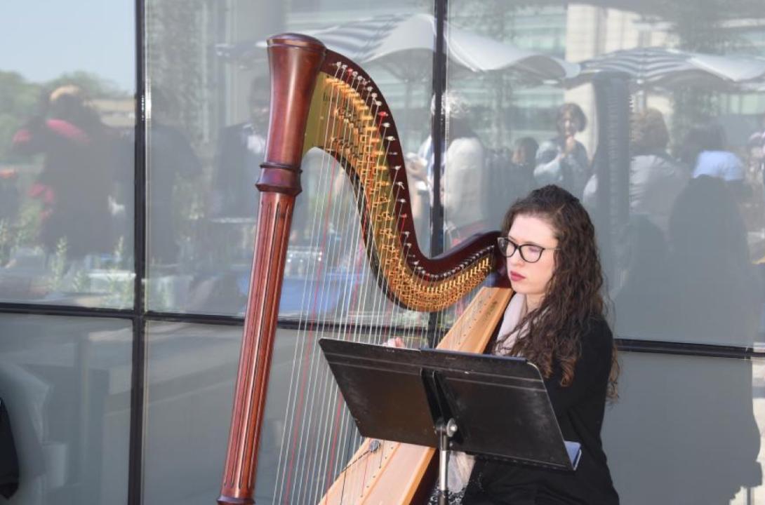 Woman plays a harp in front of glass that reflects several people mingling