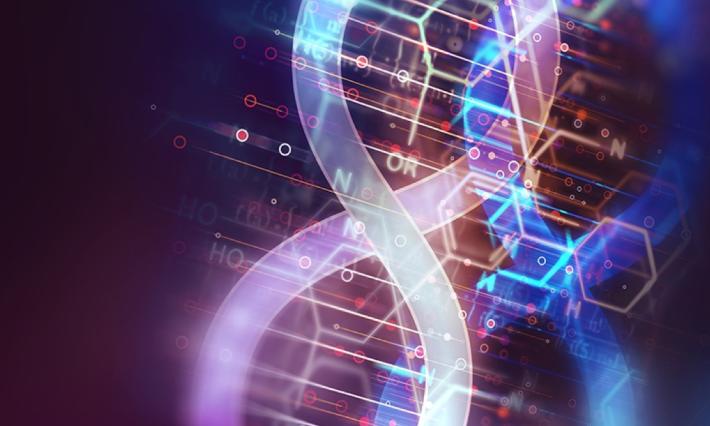 DNA helix rendering in bright purple and blue with dark background