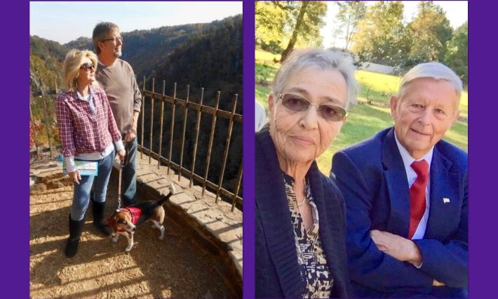 Two images, one of Tara Wilkes with her husband and dog from a mountain viewpoint and the other of Dolly Dunnagan and her husband in their yard.