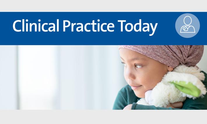 child in profile wearing a aheadscarf and clutching a blanket or soft toy, plus a banner reading "Clinical Practice Today"