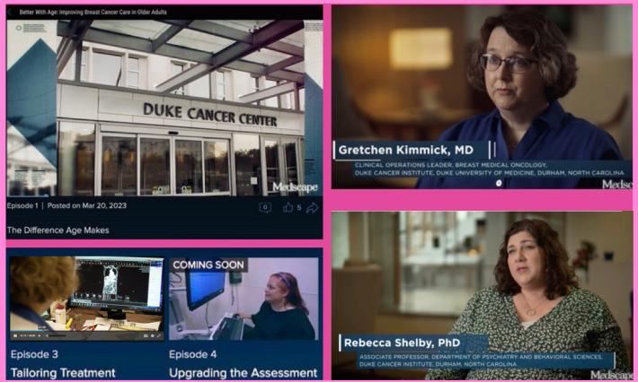 four images; one of Duke Cancer Center, one of Gretchen Kimmick, MD, on screen, one of Rebecca Shelby, PhD, on screen, and one of two women looking at computers screens 