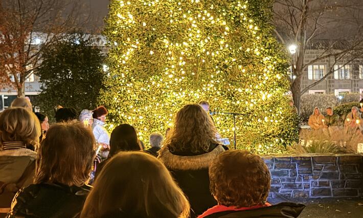 Crowd of people standing in front of a sparkling evergreen tree