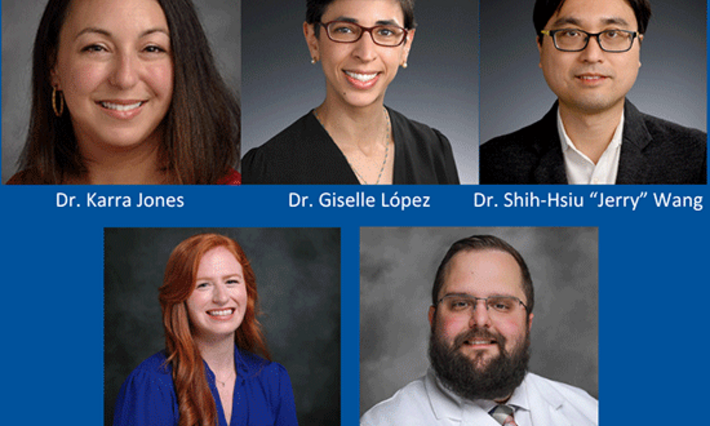 Top row: Dr. Karra Jones, Dr. Giselle López, Dr. Shih-Hsiu “Jerry” Wang. Bottom row: Erin Connolly, Dr. Levi Endelman