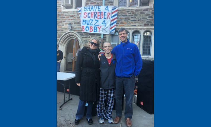 Liz, Bobby, and Peter Menges at Duke Shave & Buzz, an annual fundraising event that Bobby co-founded