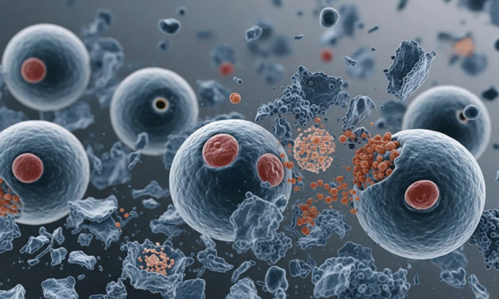 A rendering of grey cells bursting with smaller red bubbles around the cells and spilling out of the inside.