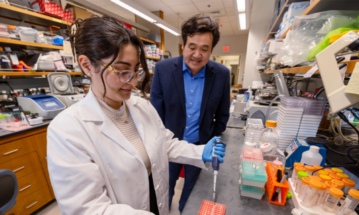 Study led by Yasaman Setayeshpour, PhD, left, and Jen-Tsan Chi, PhD, reveals ascites shields roaming ovarian cancer cells and flags a new way to pierce that protection. 