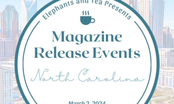 Charlotte, NC skyline behind an Elephants and Tea Magazine Release Events North Carolina logo