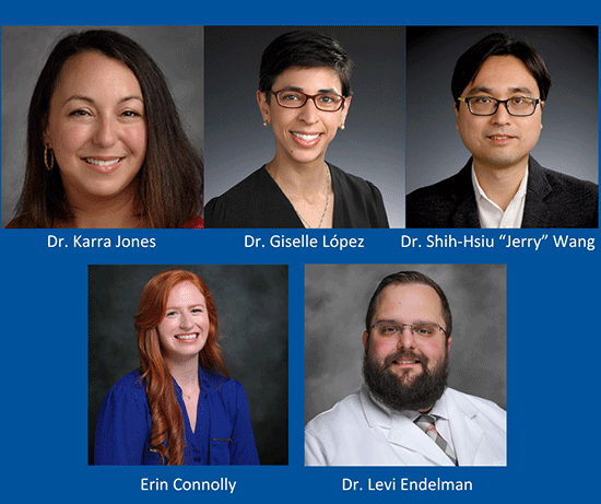 Top row: Dr. Karra Jones, Dr. Giselle López, Dr. Shih-Hsiu “Jerry” Wang. Bottom row: Erin Connolly, Dr. Levi Endelman