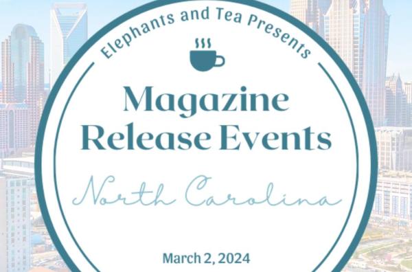 Charlotte, NC skyline behind an Elephants and Tea Magazine Release Events North Carolina logo