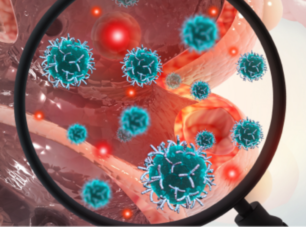 Stock image of a magnifying glass examining cells