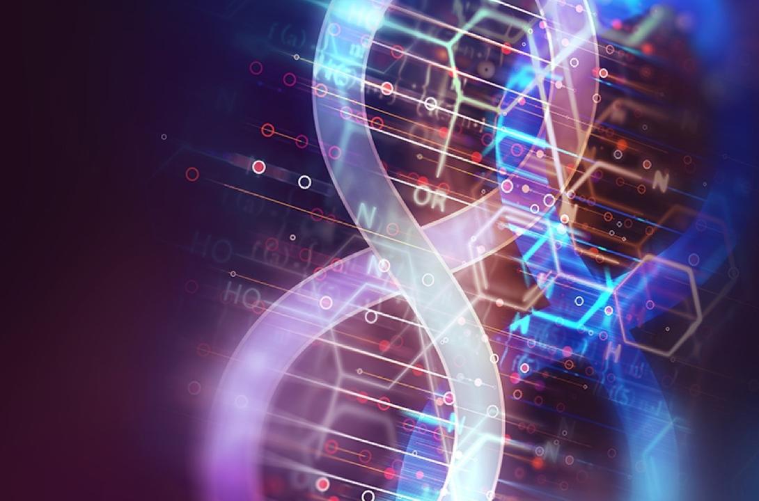 DNA helix rendering in bright purple and blue with dark background