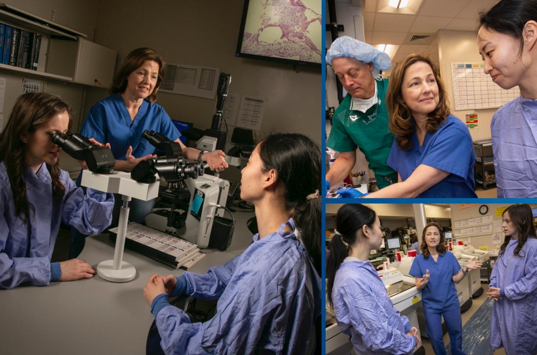 Shannon McCall and two students, all in scrubs, are gathered around microscopes in semi-darkness with a projection of red and white cells on a screen above them. In two other images Andrew Berchuck, in scrubs and a scrub cap and Shannon McCall converse with a student in scrubs in the lab. 