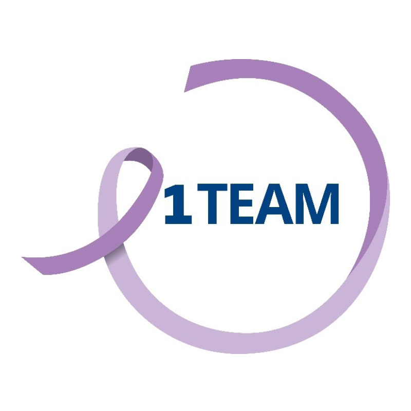 Purple ribbon surrounding words that say 1 team