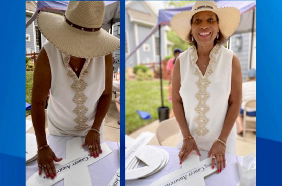 Two photos are joined together. In the left, Deborah Bryant adds a label to a large white cardboard ribbon. In the right photo, she smiles at the camera.