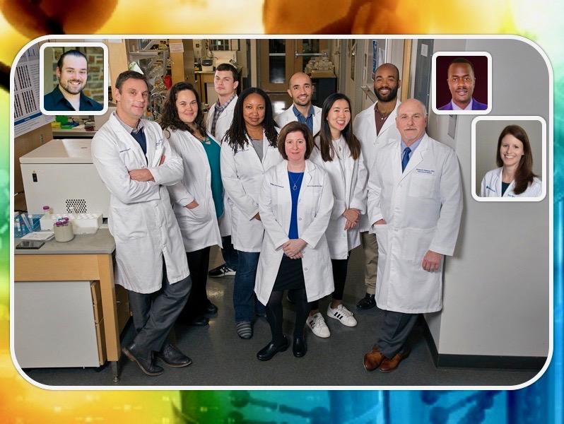 group photo of nine people wearing white lab coats in their lab, with three headshots