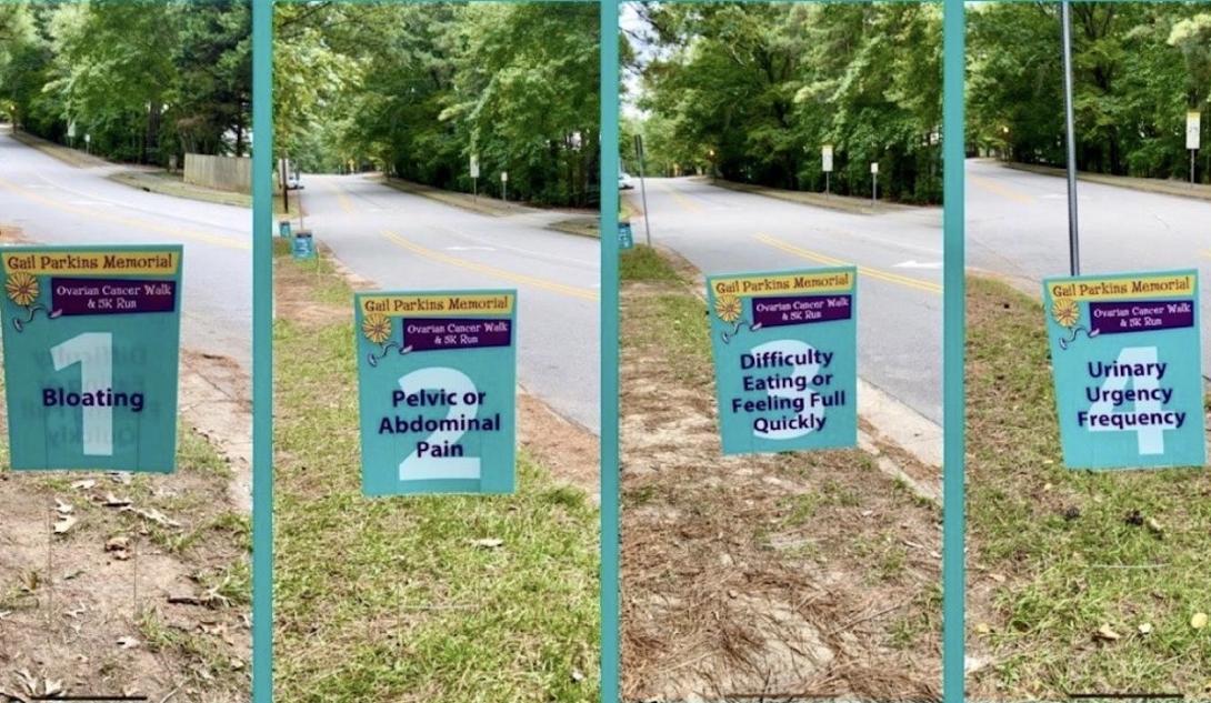 four signs in the grass along a road numbered 1, 2, 3, 4, each with a symptom of ovarian cancer