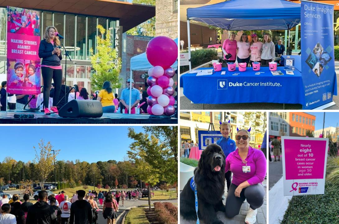 woman standing on a stage with a microphone, four women at a Duke Cancer Institute tent behind pink buckets, a view from behind of walkers, a woman and a dog, and a Making Strides event sign