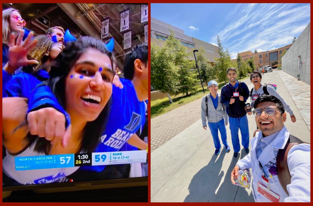 TV screen showing students dressed in blue Duke shirts at a Duke v UNC basketball game. Plus four people standing outside on a sunny day.