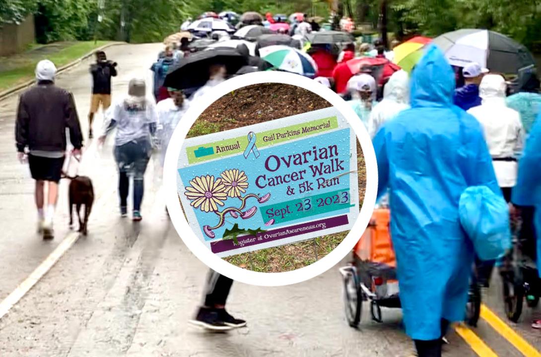 Gail Parkins Memorial Ovarian Cancer Walk & 5K September 23, 2003 sign with walking daisies logo in circular frame layered on top of walkers in rain slickers