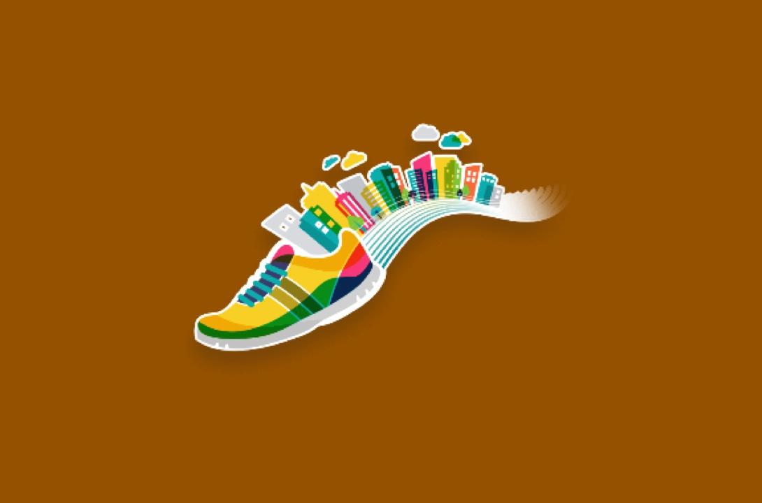 graphic of a colorful sneaker with a skyline of buildings