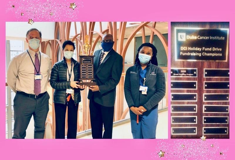 Team Leader Dr. Kelly Marcom, director of the DCI Breast Cancer disease group; Dr. Shelley Hwang, chief of Breast Surgery; Dr. Angelo Moore, leader of the DCI Office of Health Equity; and Dr. Lola Fayanju, breast surgical oncologist holding an award